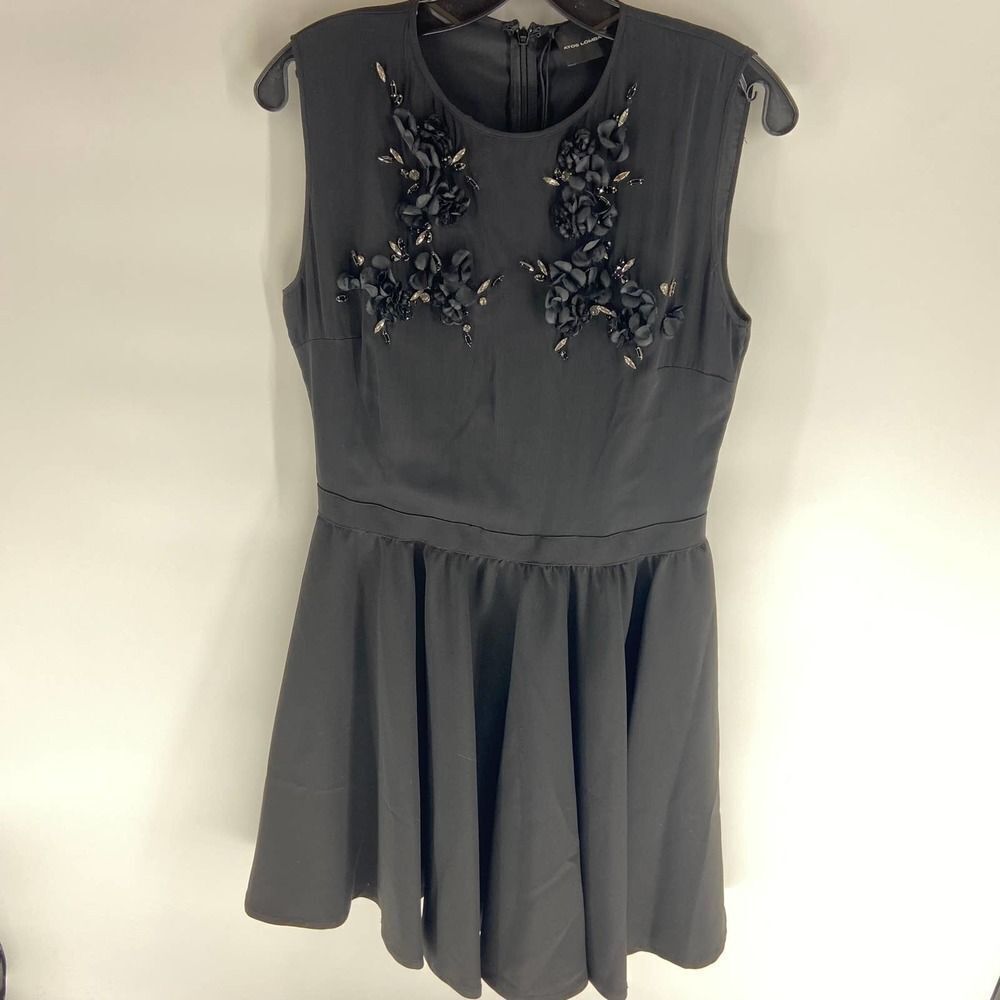 atos lombardini black fit & flare floral applique sleeveless dress womens 8
